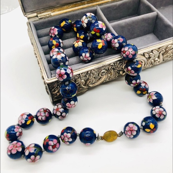 Antique Vintage Blue Cloisonné flower Enamel Jumbo Bead Necklace - Picture 17 of 17